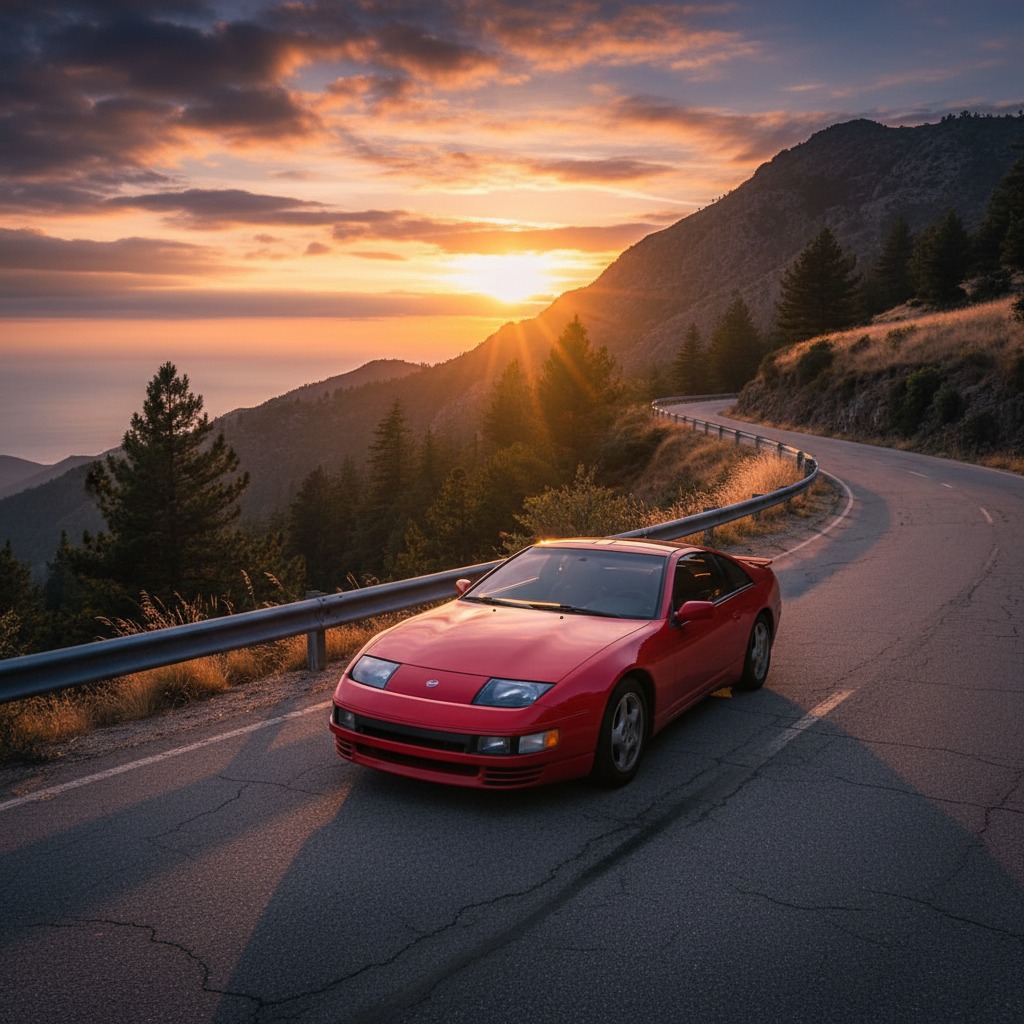 Un coche deportivo rojo aparcado en una carretera de montaña al atardecer.